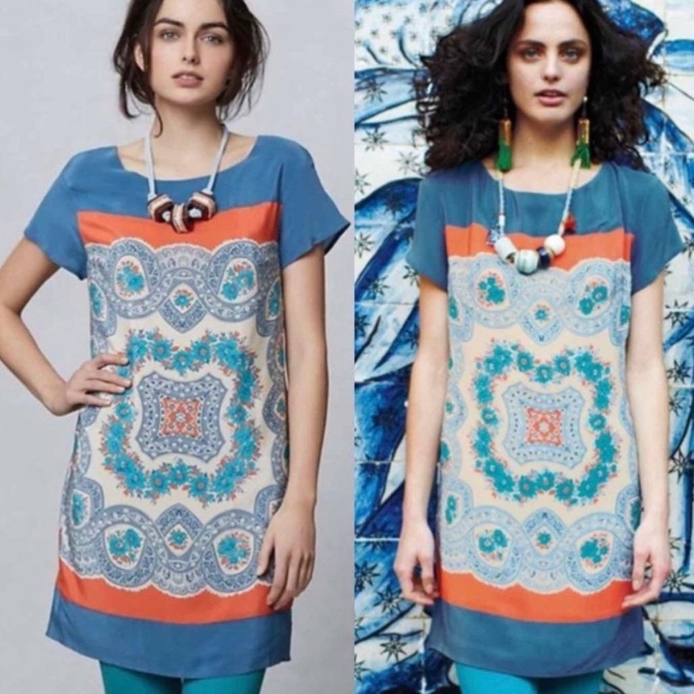 Anthro Meadow Rue 100% Silk Printed Shift Dress, sz Med, EUC, Lined, Multicolor